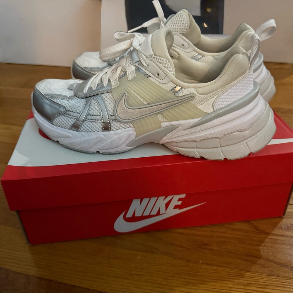 NIKE V2K White and Metallic Silver Sneakers